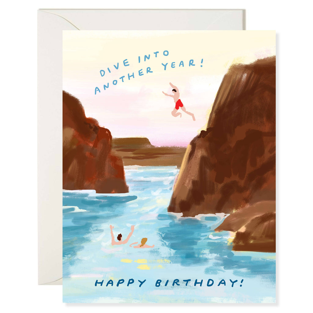 Birthday card with illustration of people diving into a pool surrounded by rocks.