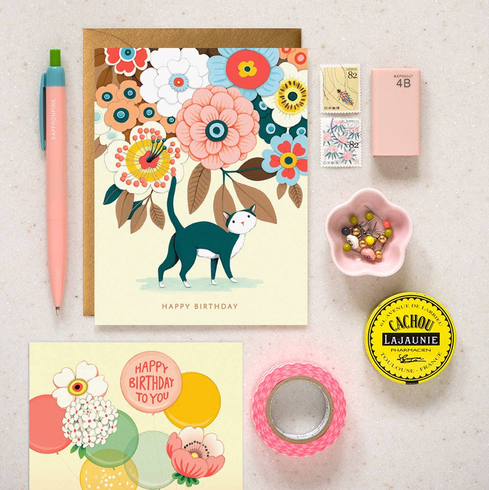 Floral Kitty Birthday Greeting Card - Freshie & Zero Studio Shop