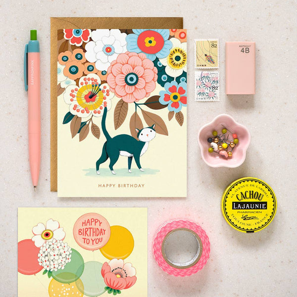 Floral Kitty Birthday Greeting Card - Freshie & Zero Studio Shop