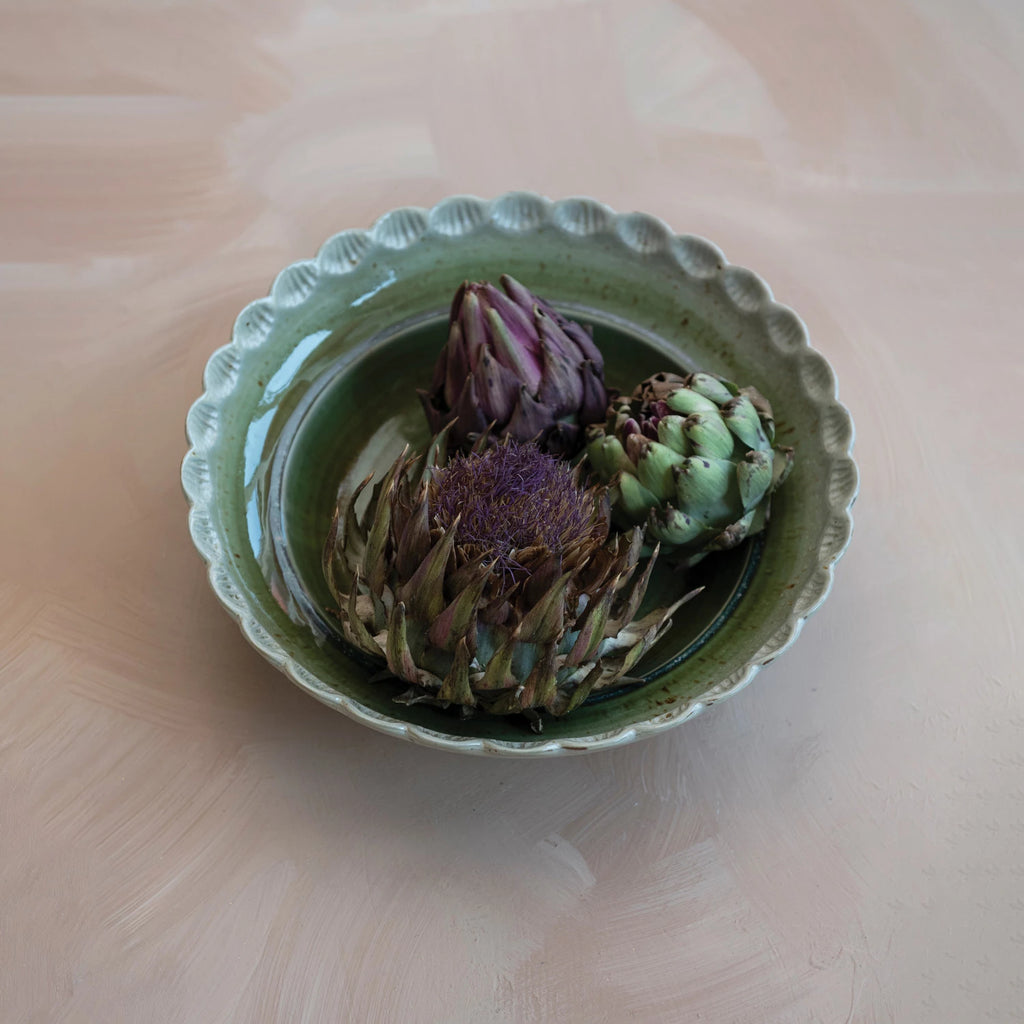 Green and White Scalloped Stoneware Serving Bowl - Freshie & Zero Studio Shop