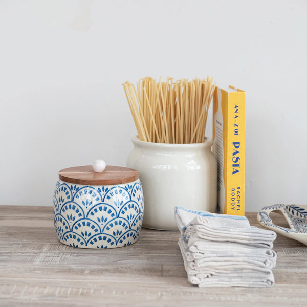 Hand-Painted Round Stoneware Canister with Wood Lid - Freshie & Zero Studio Shop