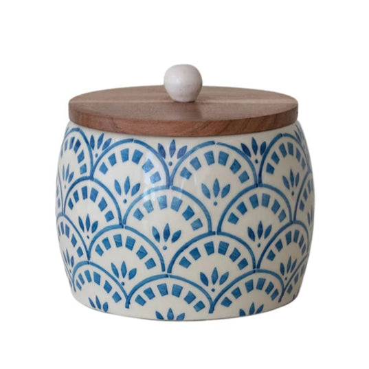 Hand-Painted Round Stoneware Canister with Wood Lid - Freshie & Zero Studio Shop