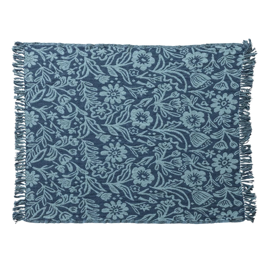 Blue Floral Fringed Throw Blanket - Freshie & Zero Studio Shop