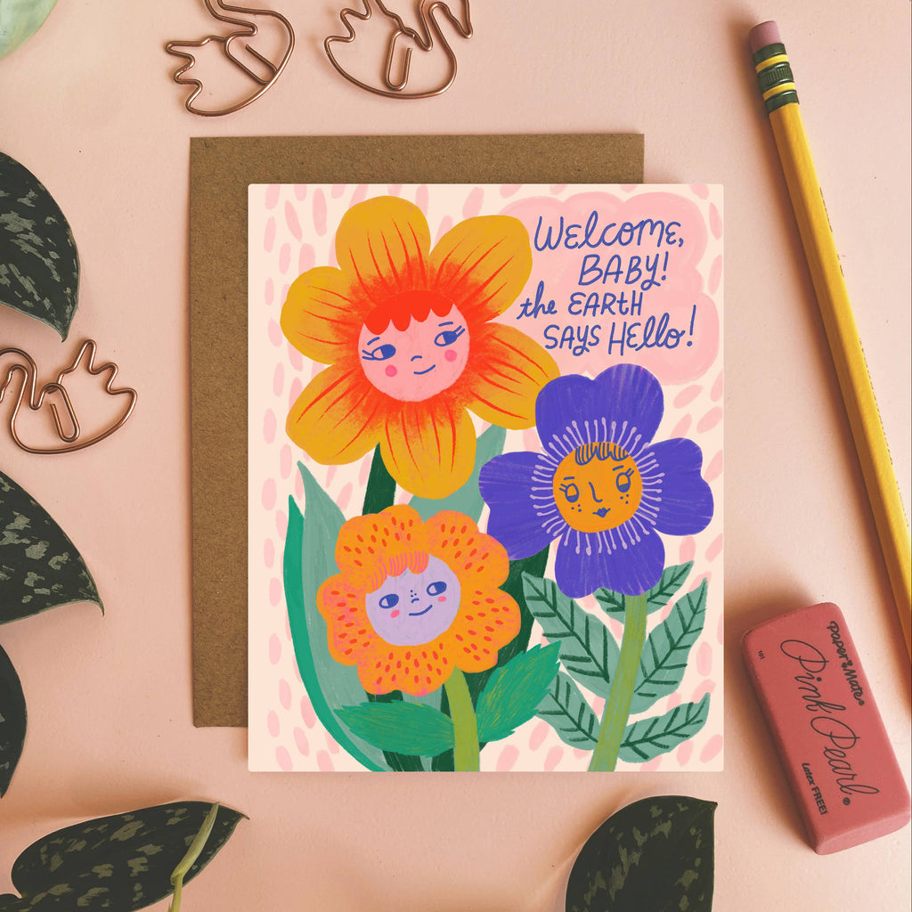 Welcome Baby, the Earth Says Hello Greeting Card - Freshie & Zero Studio Shop