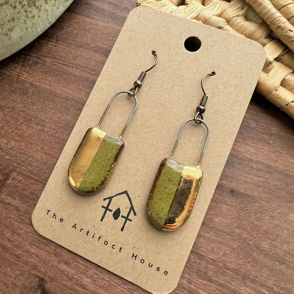 Half Gold Speckled Olive Clay Earrings - Freshie & Zero Studio Shop