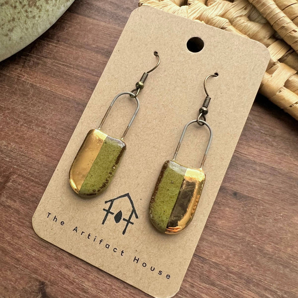 Half Gold Speckled Olive Clay Earrings - Freshie & Zero Studio Shop