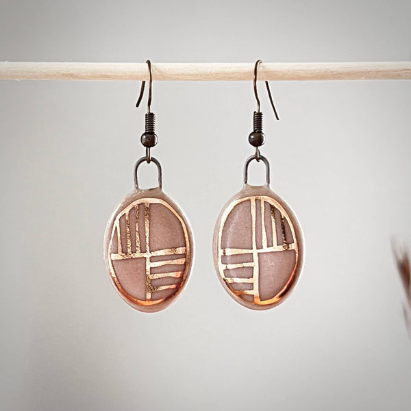 Nude Pink Oval Earrings with Gold Checkered Lines - Freshie & Zero Studio Shop