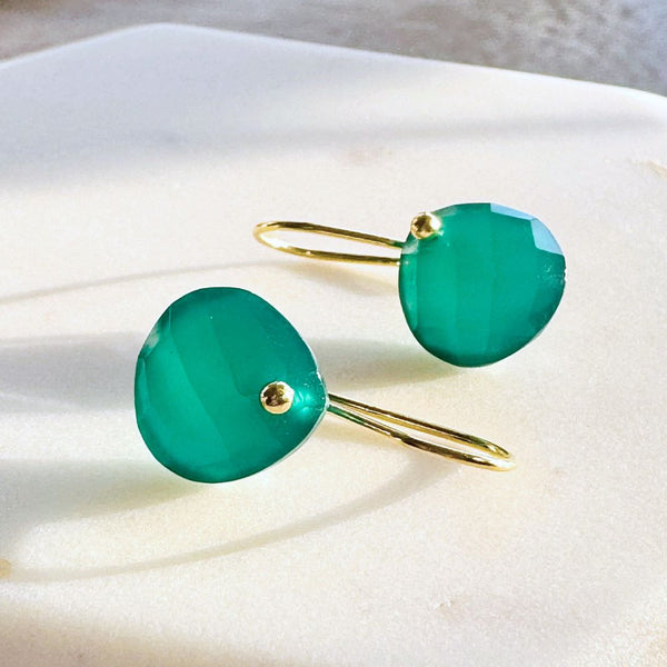 Elegant Gemstone Drop Gold Earrings: Green Chalcedony - Freshie & Zero Studio Shop