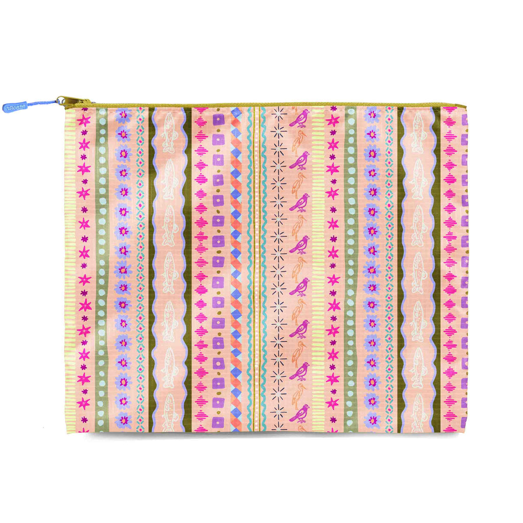 Patterned pouch with colorful design on a white background